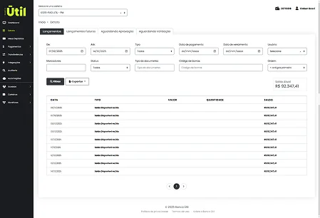 seção “pagamento” com botões e tela do PagÚtil mostrando lista e filtros de pagamentos